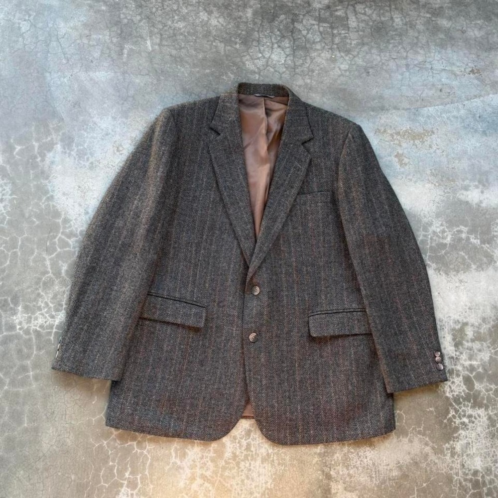 Vintage HAGGAR 100% wool tweed herringbone striped blazer suit jacket